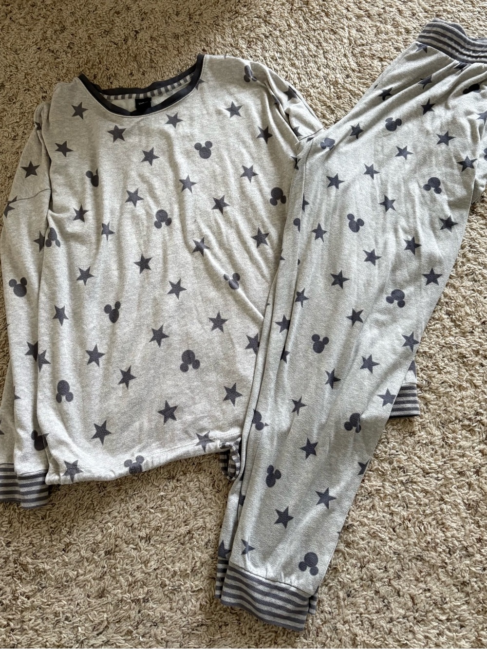 Disney Mickey Mouse Stars Gray Pajama Set Size XL Striped Sleepwear Loungewear